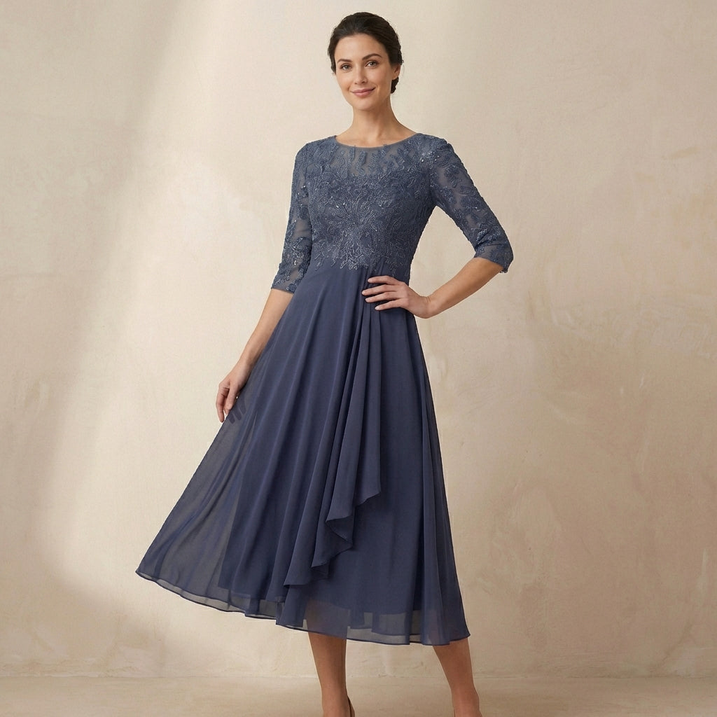 Women's Embroidered A-Line Midi Dress Sheer Sleeves