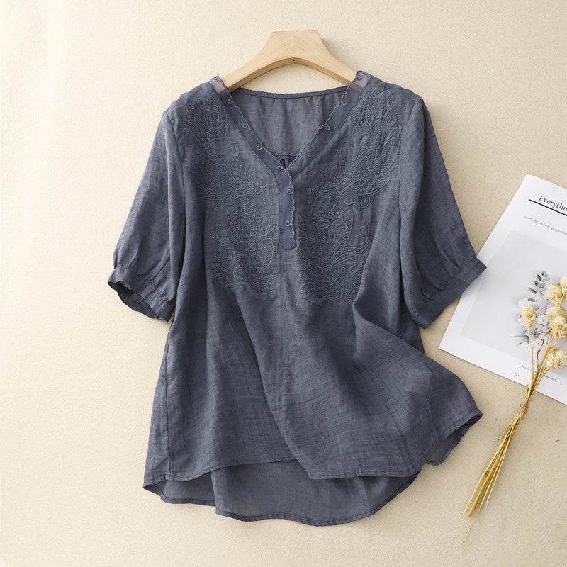 Women's Linen Blend Short Sleeve Blouse Embroidered V-Neck