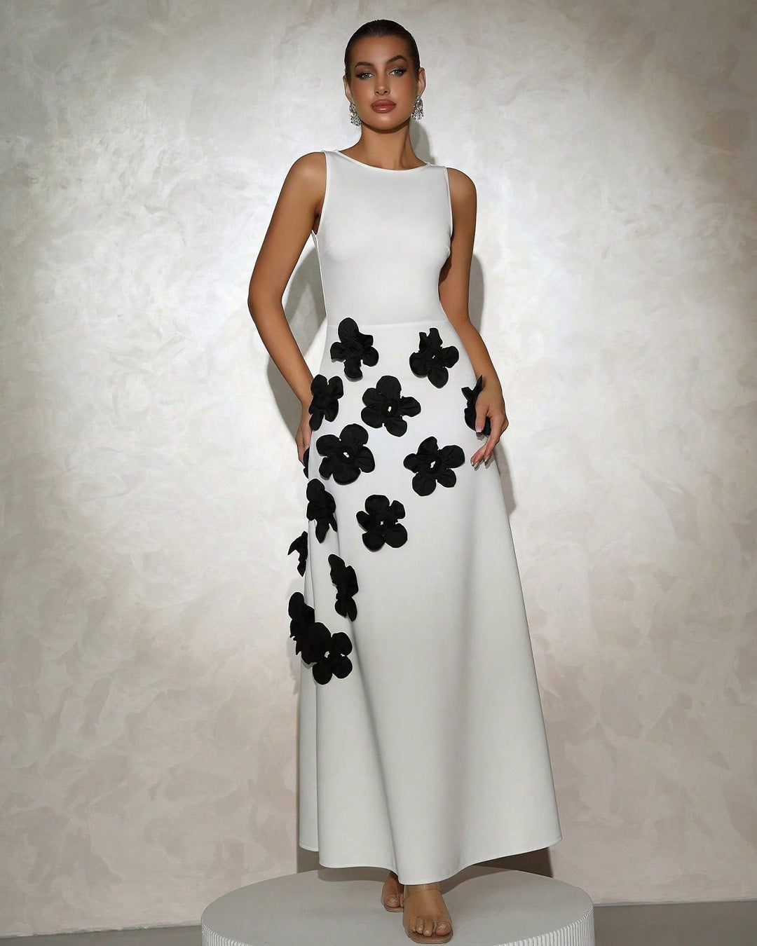 Beautiful Flower Embellished Long Evening Dress