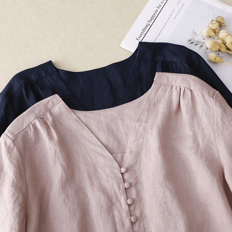 Women's Relaxed V-Neck Blouse Linen Texture