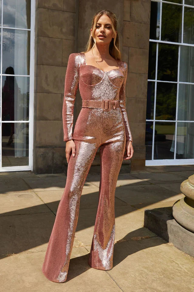 Women's Sequin Jumpsuit Corset Detail Flared Legs