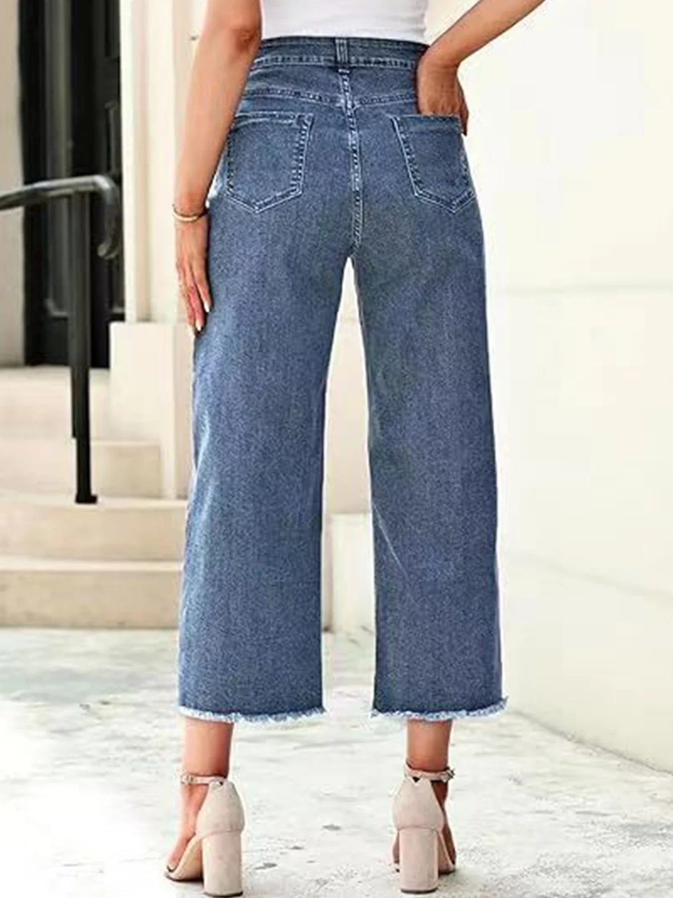 Women's High Waist Wide Leg Jeans 3/4 Length Straight Fit