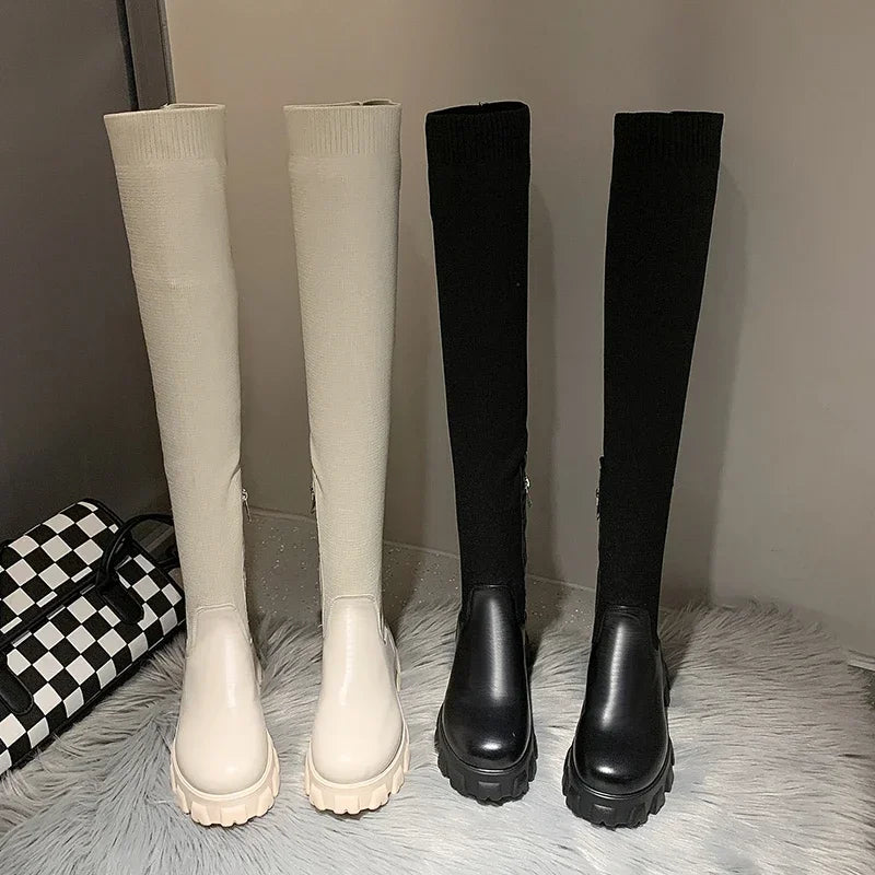 Women's Knee High Boots Stretch Fit Chunky Sole Side Zip Black