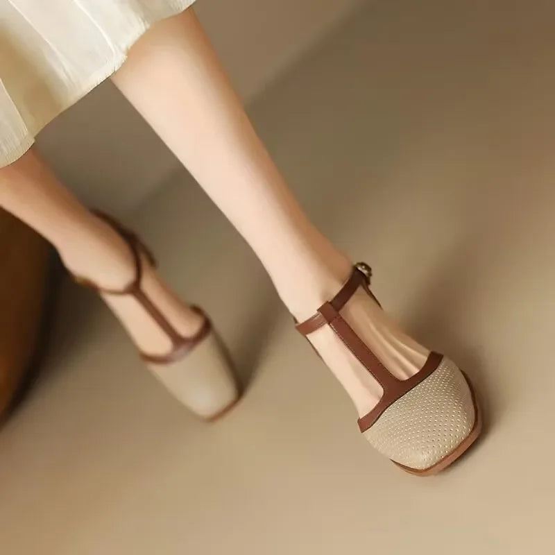 Comfortable Low Heel Women's T-Strap Pumps