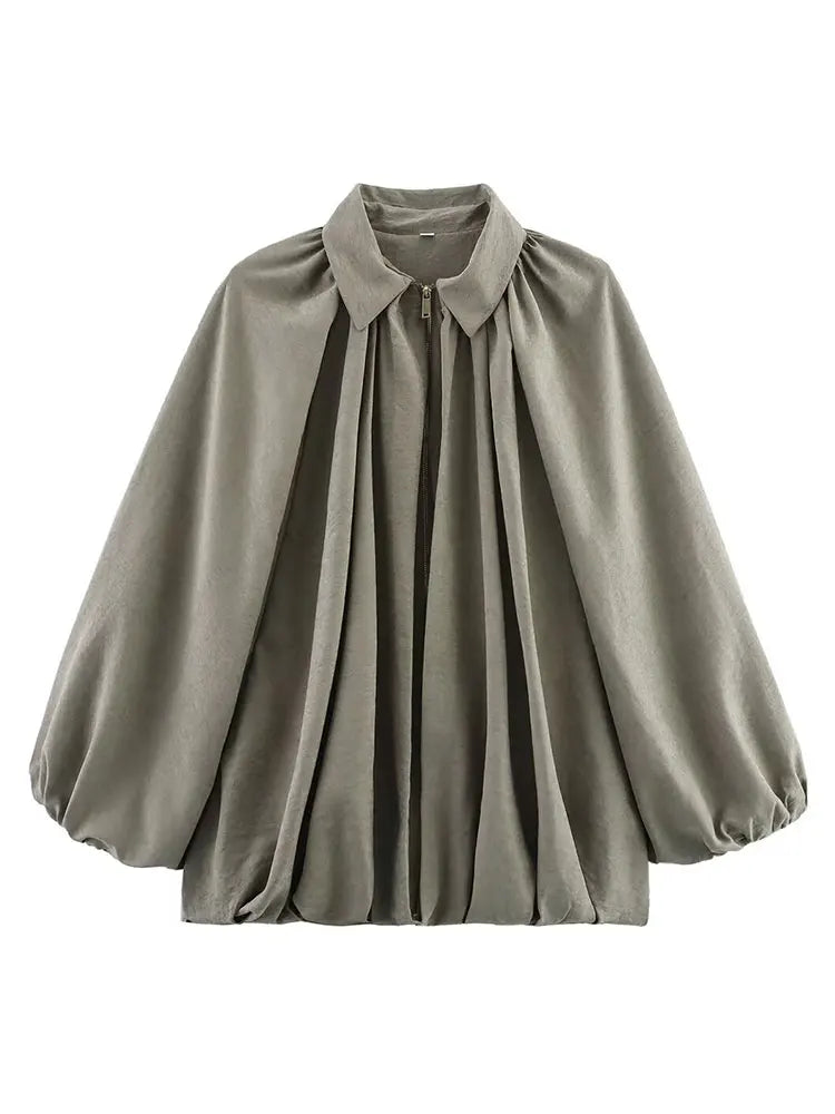Women's Bomber Jacket Loose Fit Puffy Sleeves Zip Front Black