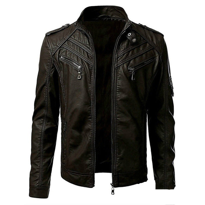 Men's Leather Jacket Slim Fit Zip Pockets Black