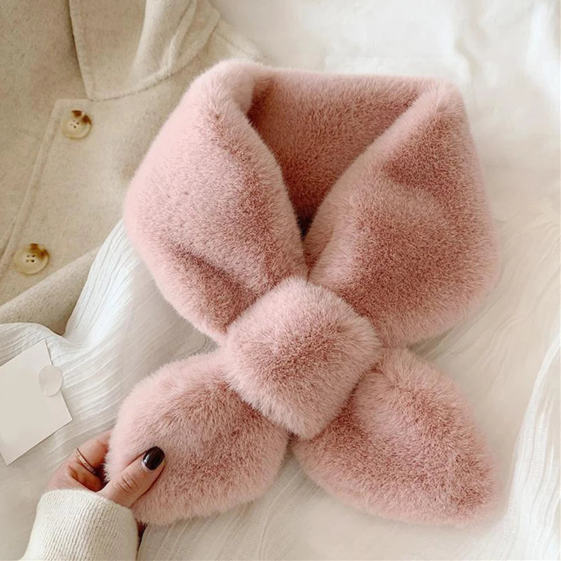 Women's Wrap Collar Scarf Fur Trim Cross Design