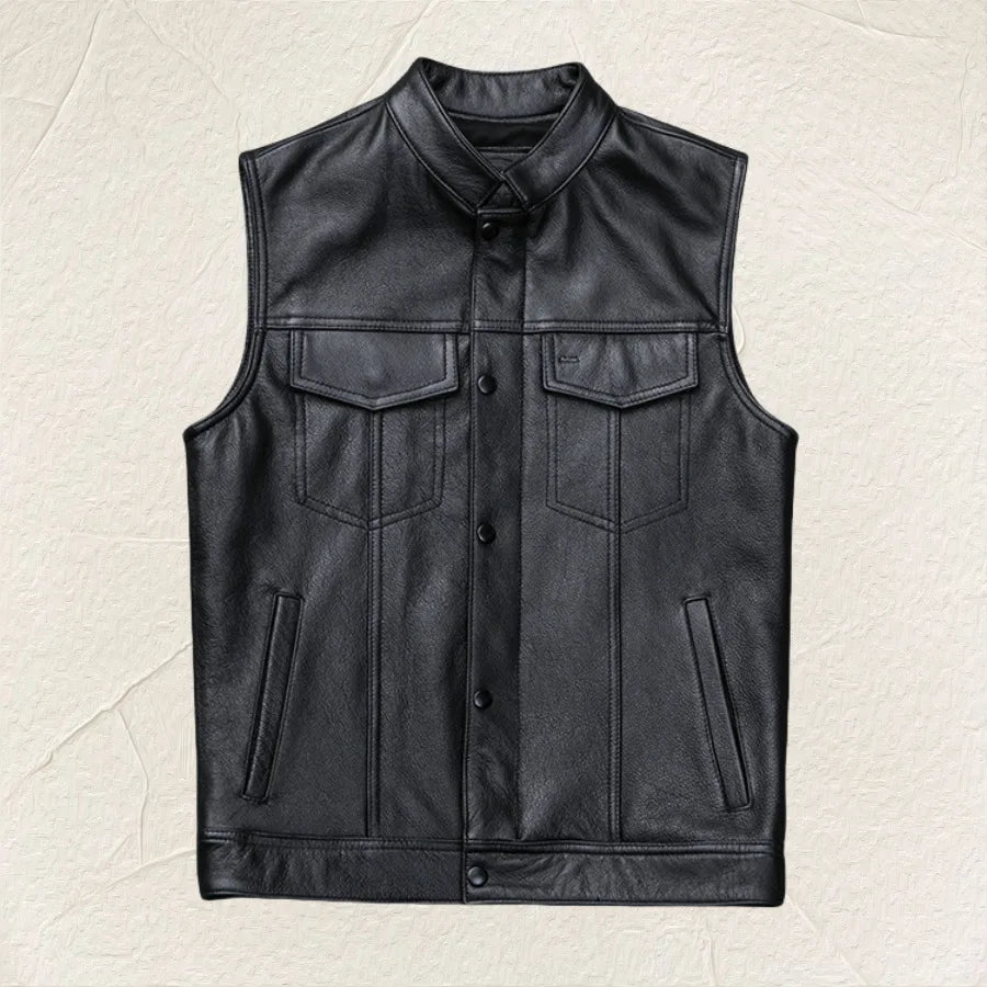 Men's Leather Vest Genuine Soft Zipper Collar