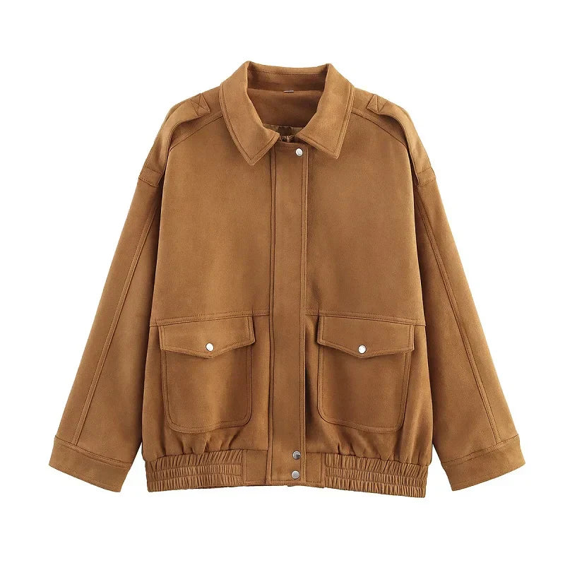 Women's Bomber Jacket Snap Buttons Flap Pockets