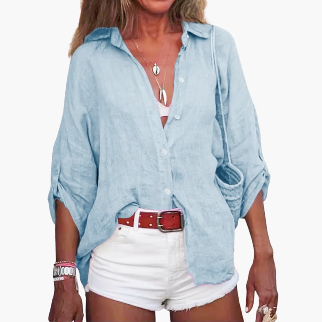 Women's Long Sleeve Cotton Blouse Crew Neck Beige