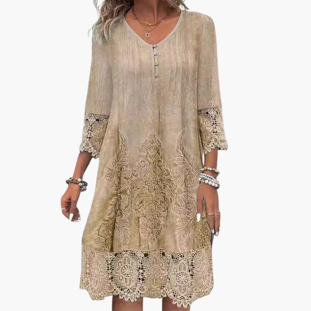 Women's Embroidered Short Sleeve Midi Dress Defined Waist