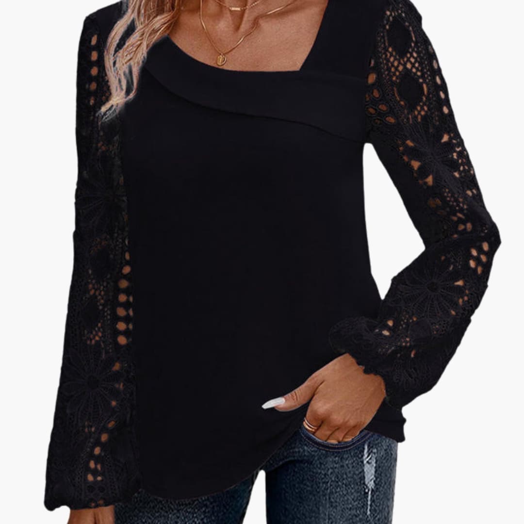 Women's Woven Blouse Lace Trim Long Sleeve White