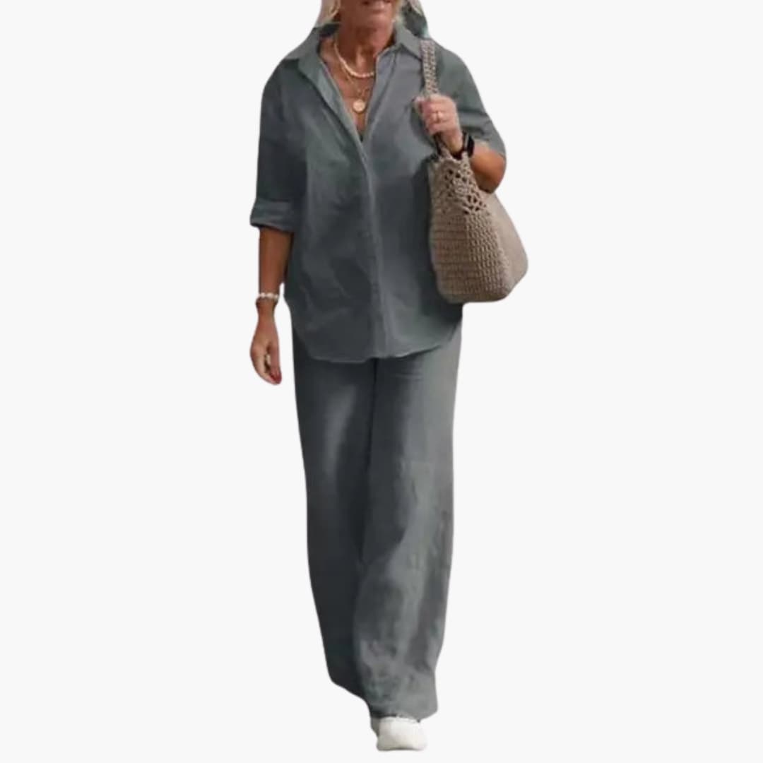 Women's Long Sleeve Two Piece Outfit Round Neck Straight Leg Pants
