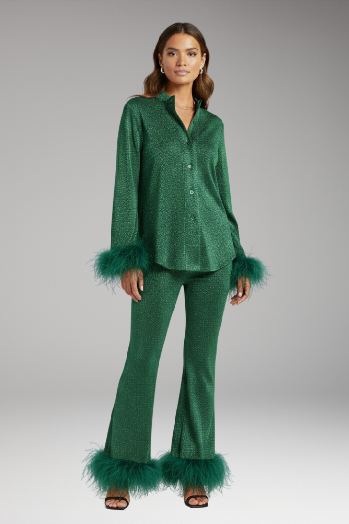 Women's Feather Trim Button Front Set