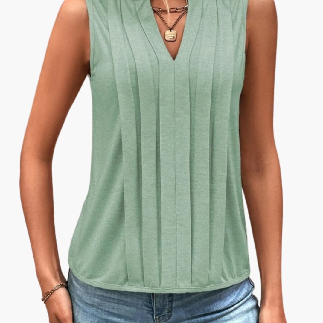Women's Sleeveless V-Neck Blouse Pleated Design
