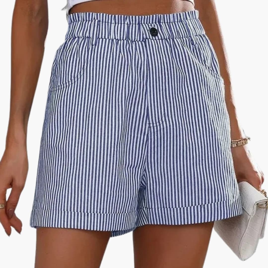 Women's Elastic Waist Shorts Striped with Pockets
