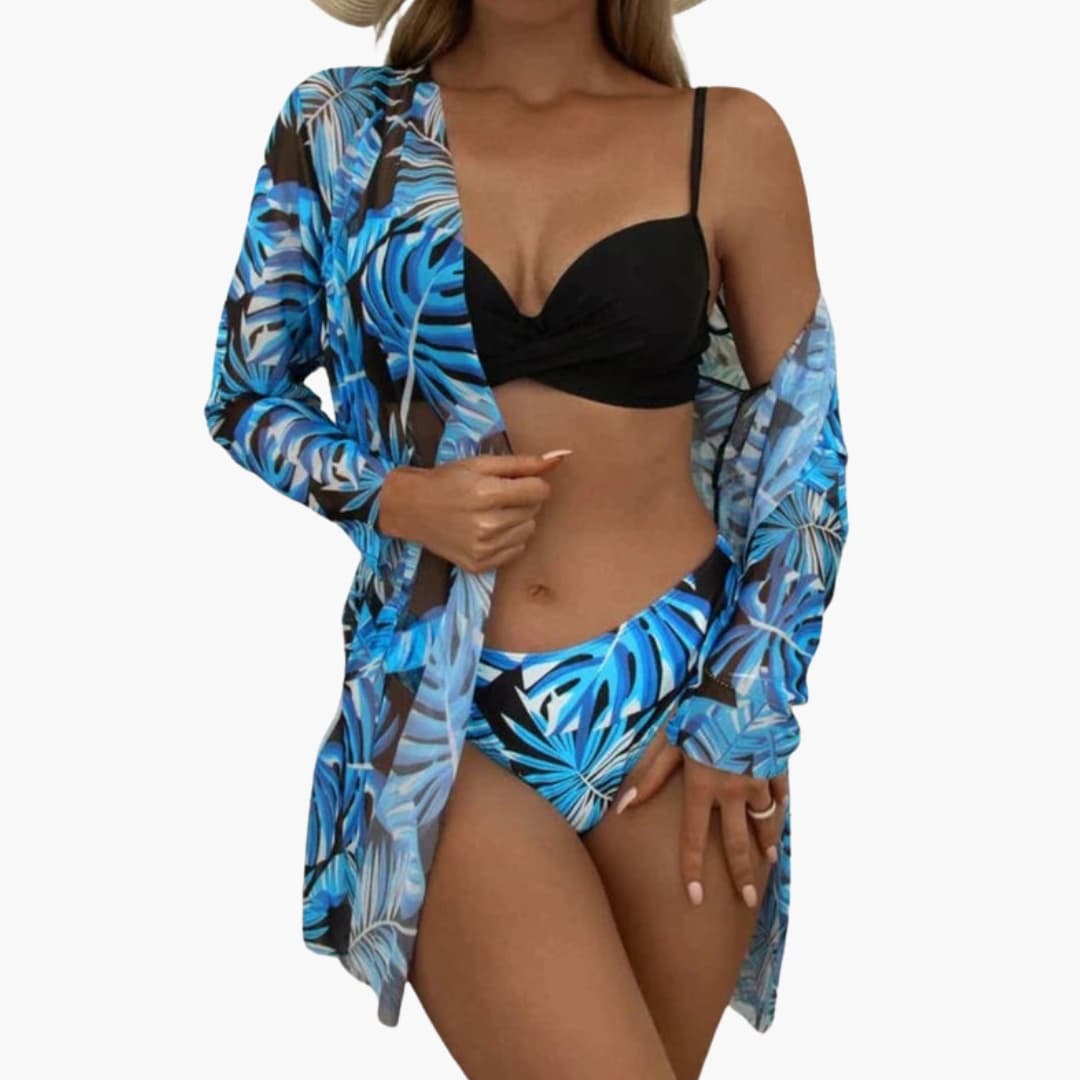 Women's High-Waisted Bikini Set 3 Piece with Kimono Cover