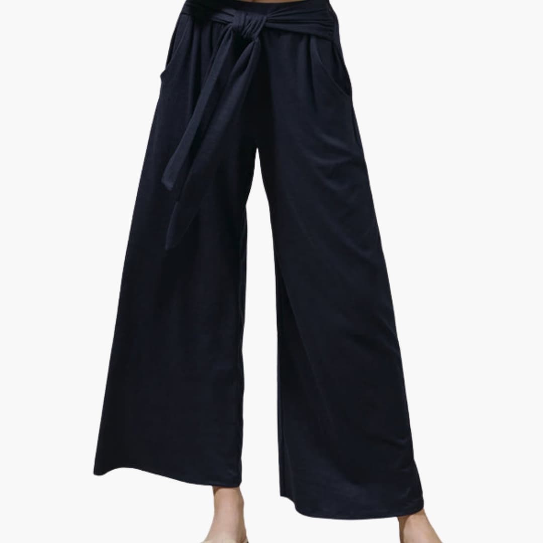 Women's Wide Leg Pants Cotton Tie Belt Side Pockets