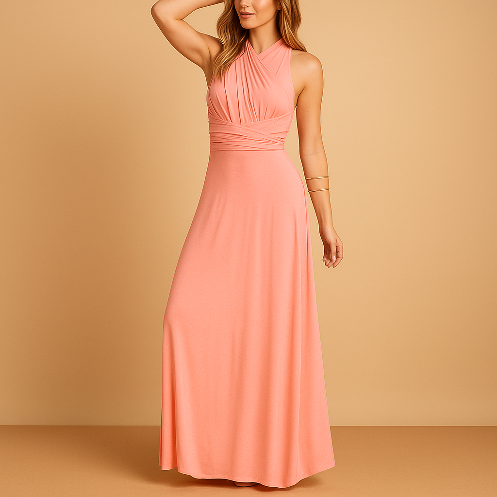 Convertible multiway evening dress for women with adjustable top styling, perfect for weddings, parties, and elegant evening events.