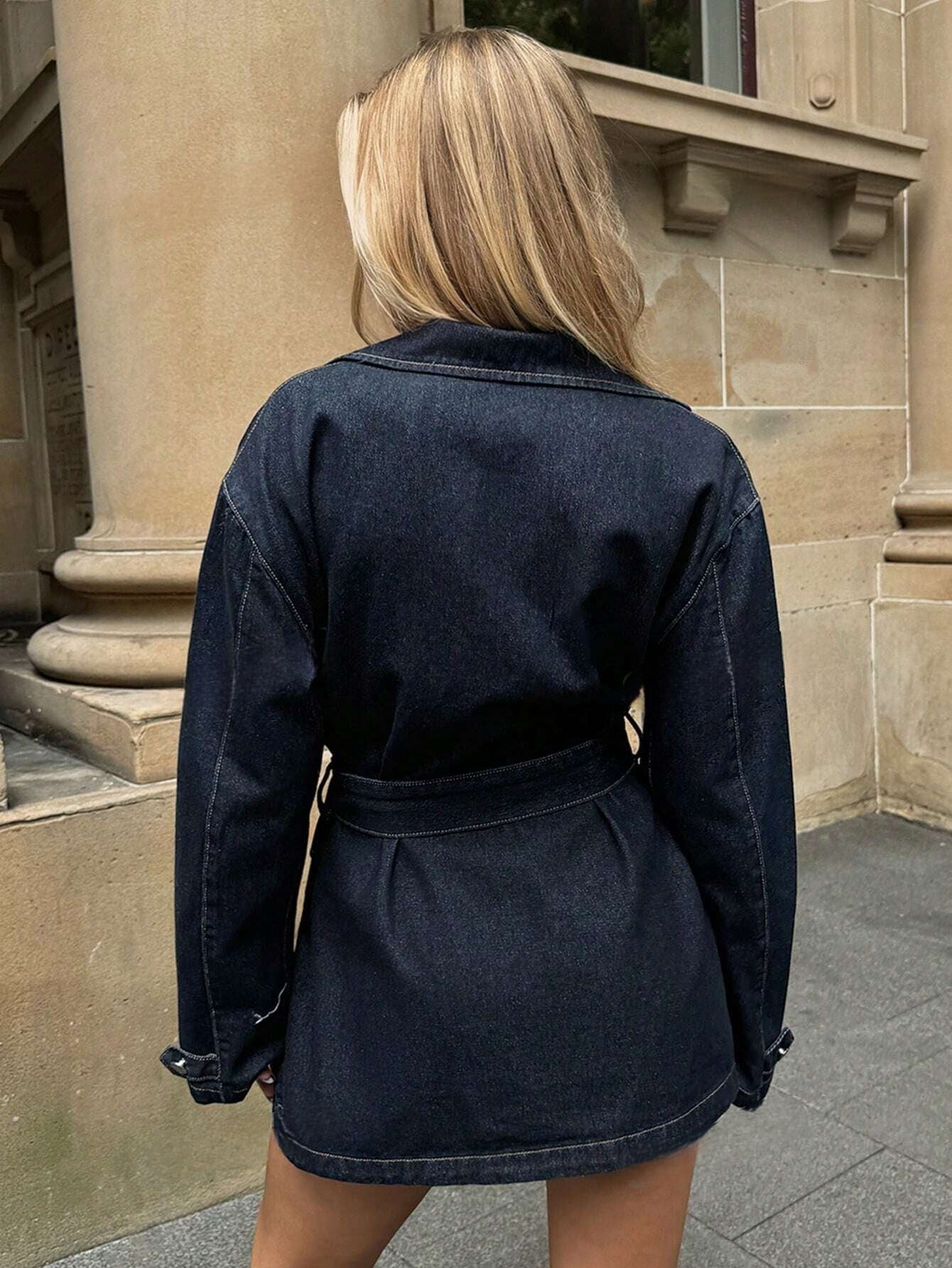 Women's Denim Jacket Belted Chest Pockets
