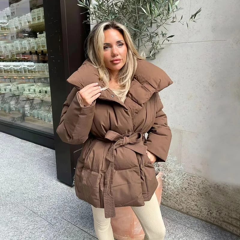 Women's Padded Jacket Oversized Collar Belted