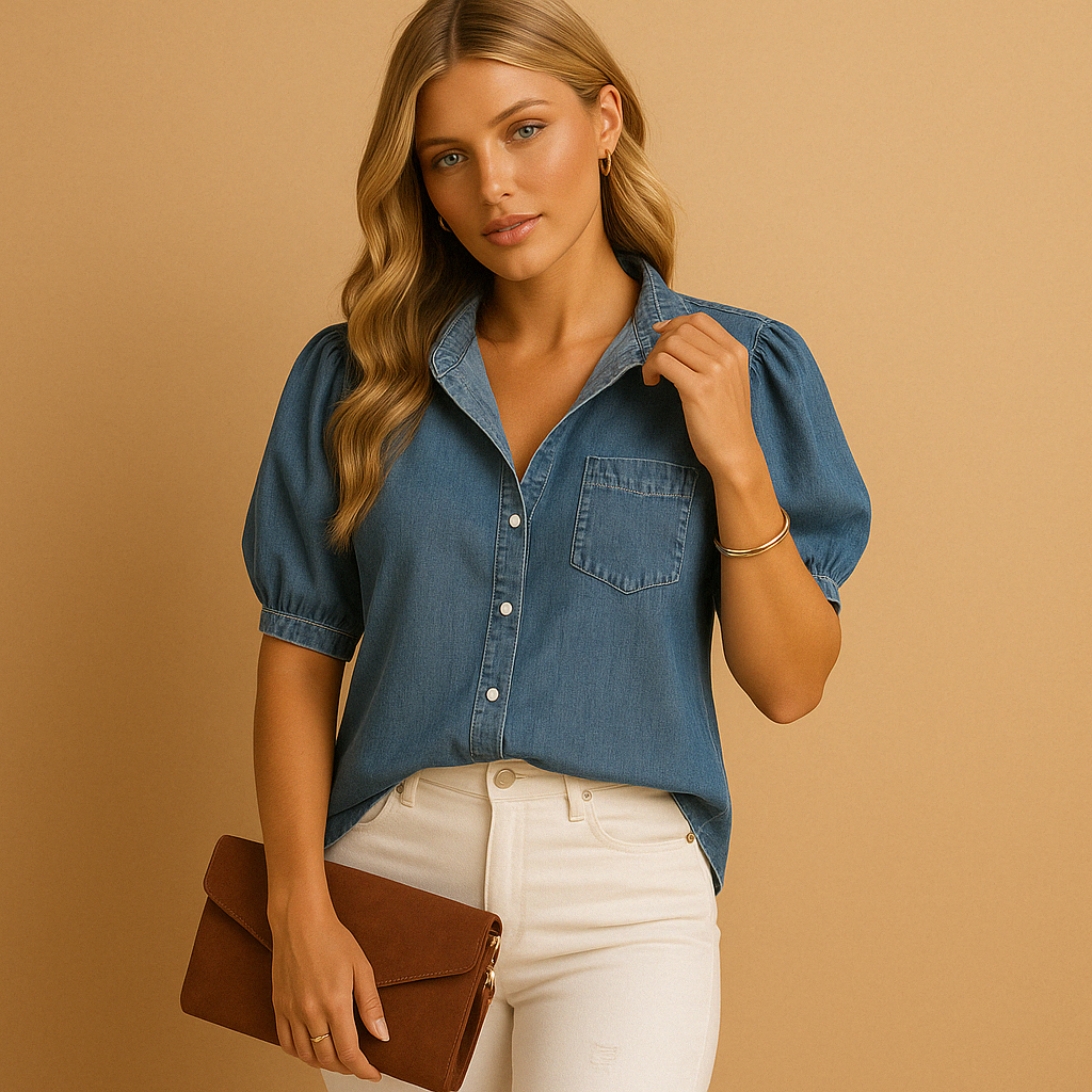 Women’s denim button-up blouse with a tailored fit, long sleeves, and classic design, ideal for fall outfits, work, and casual looks.