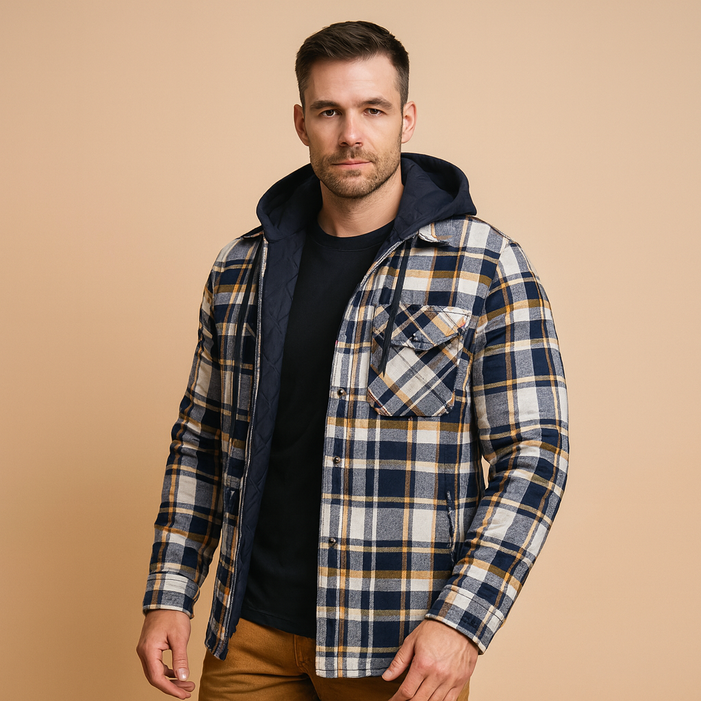 Men’s hooded puffer jacket with classic design, providing warmth, wind resistance, and comfort for cold winter days.
