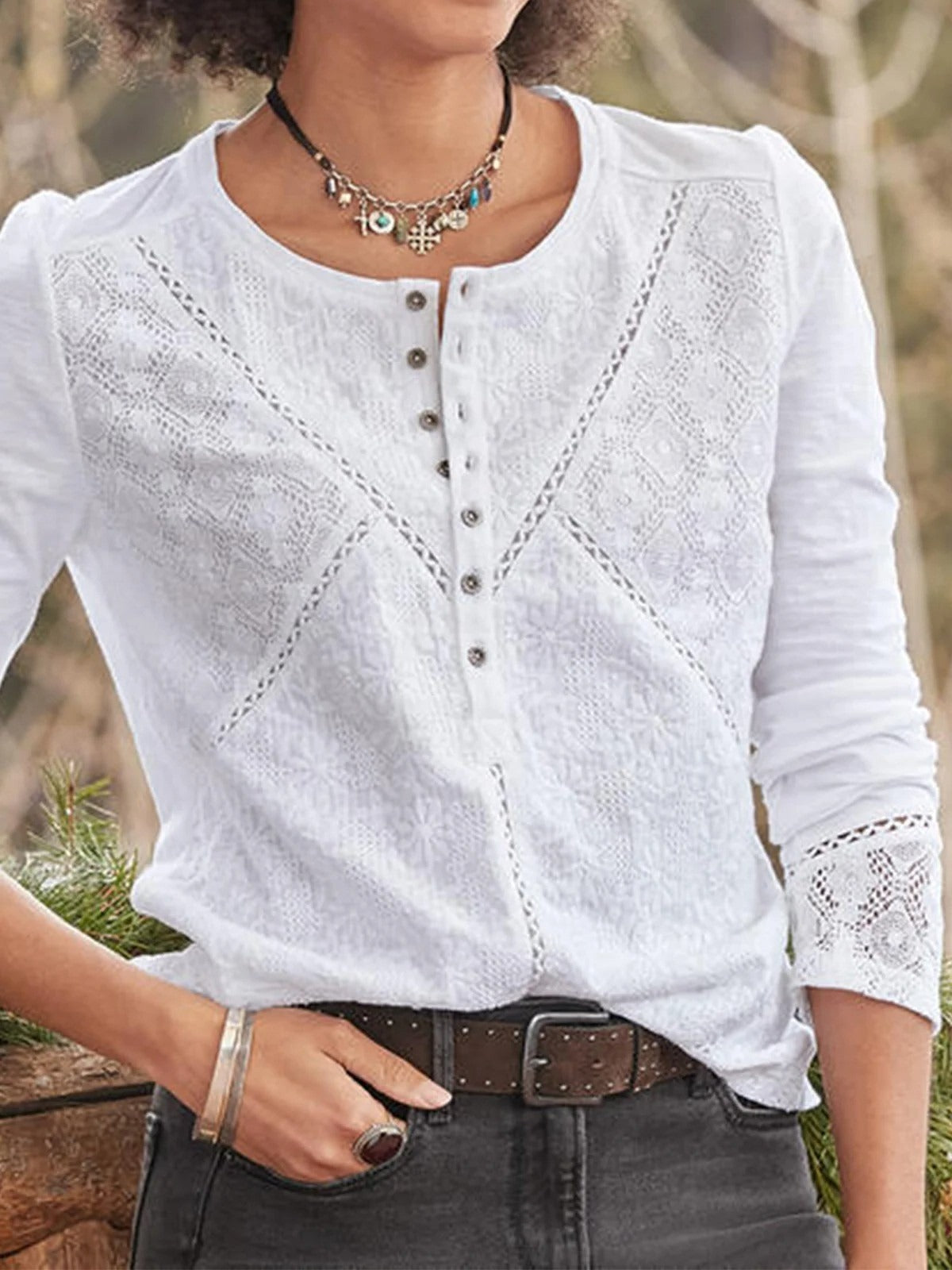 Women's Lace Henley Long Sleeve - VibreMode
