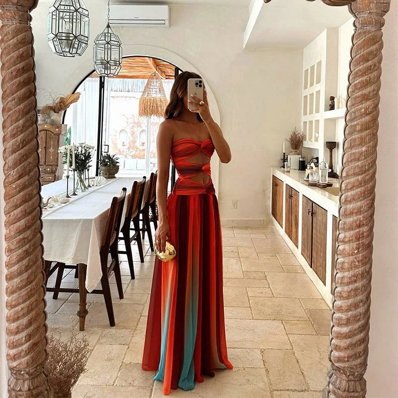 Keily Women's Strapless Maxi Dress Color Block