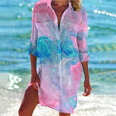 Women's Mini Shirt Dress Button-Down Cotton