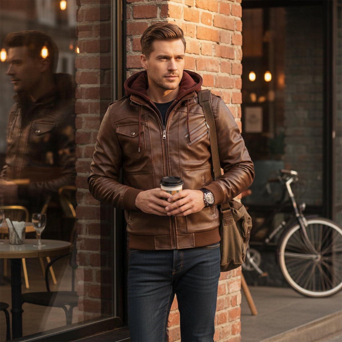 Men's Retro Leather Hooded Jacket With Pockets