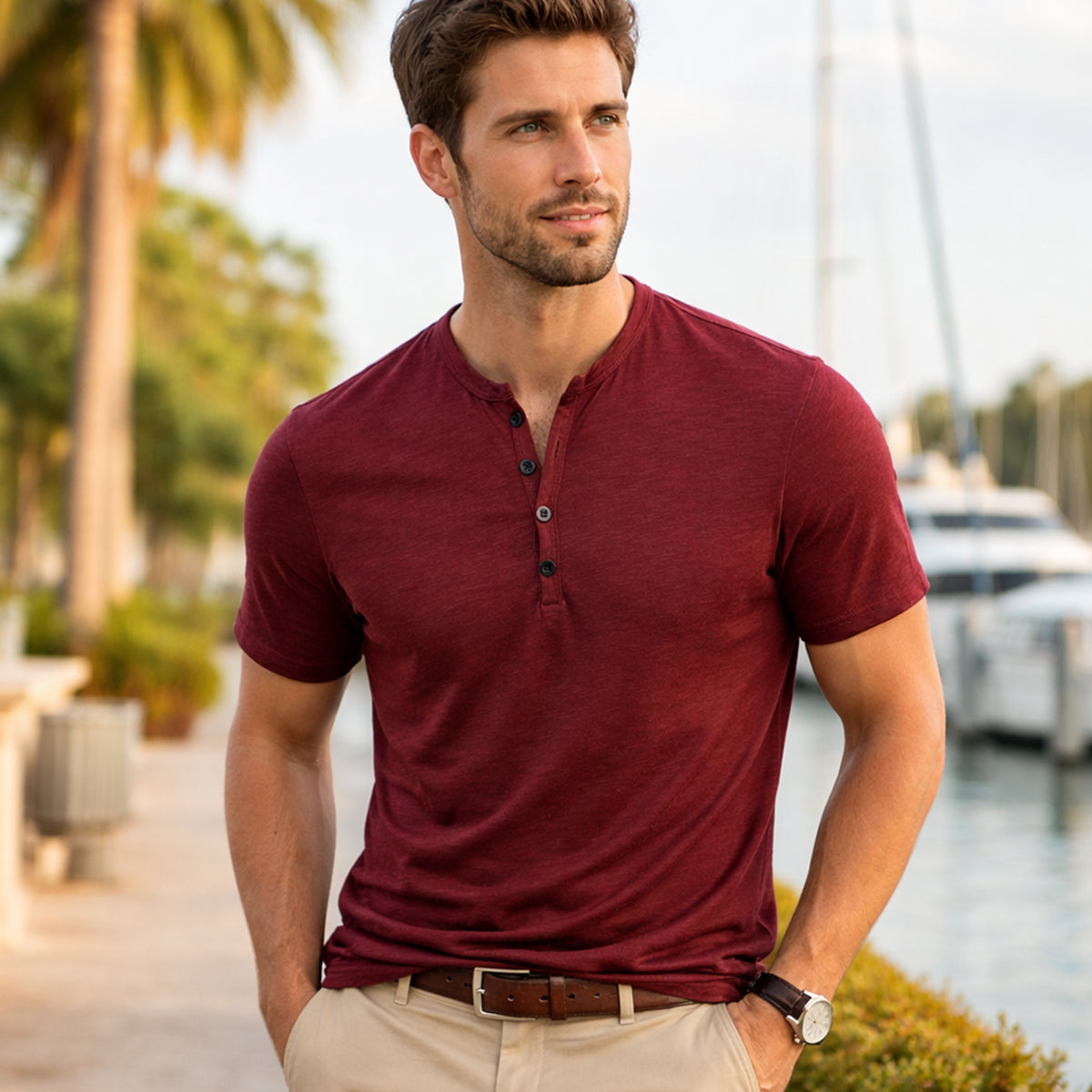 Men's Casual Henley T Shirt Summer Cotton