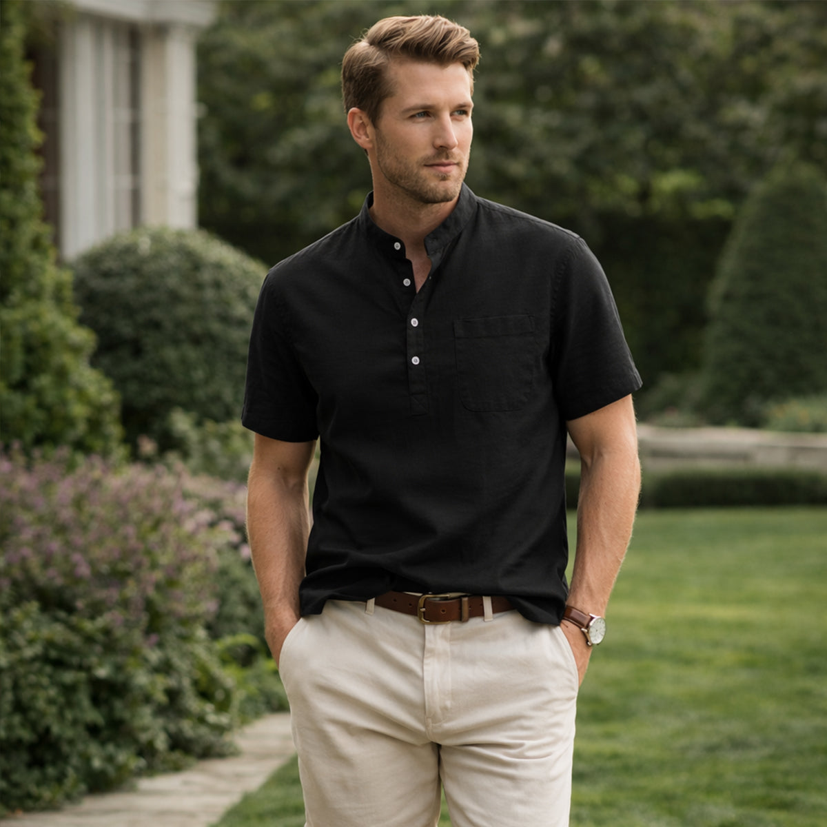Men's Cotton Linen Henley Shirt Casual