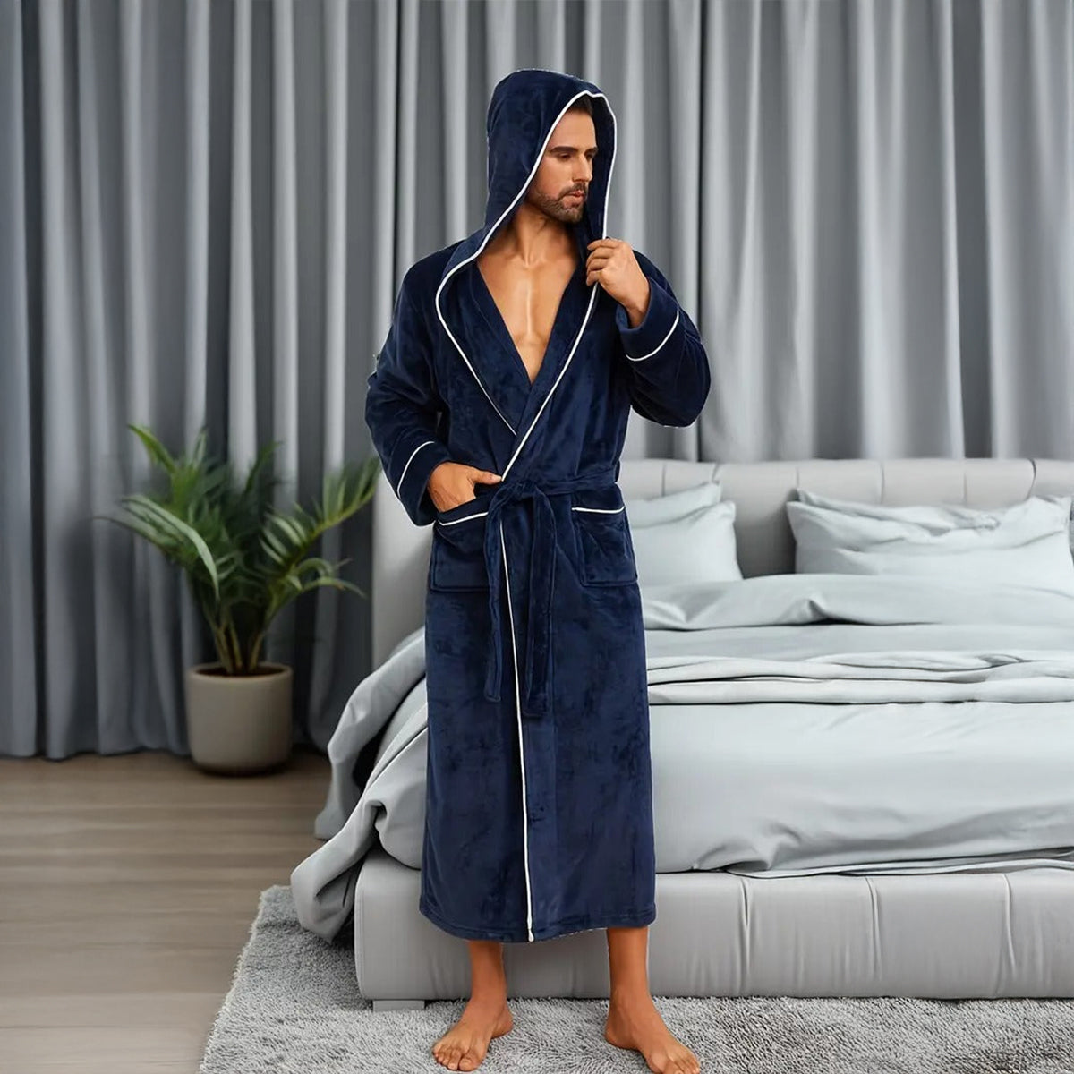 Men's Hooded Fleece Bathrobe With Belt