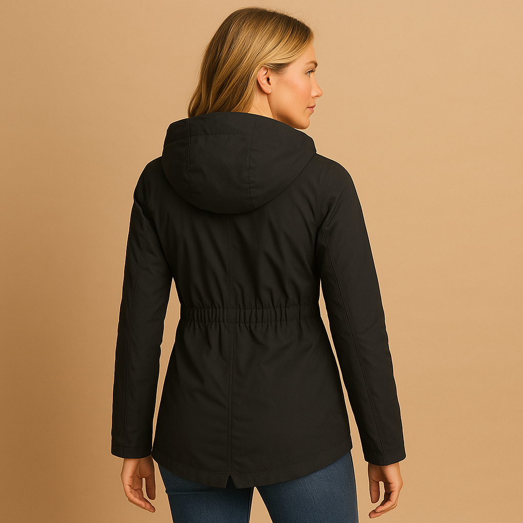 Woman wearing a long insulated winter coat with an elegant silhouette, ideal for cold days, casual outings, and formal occasions.