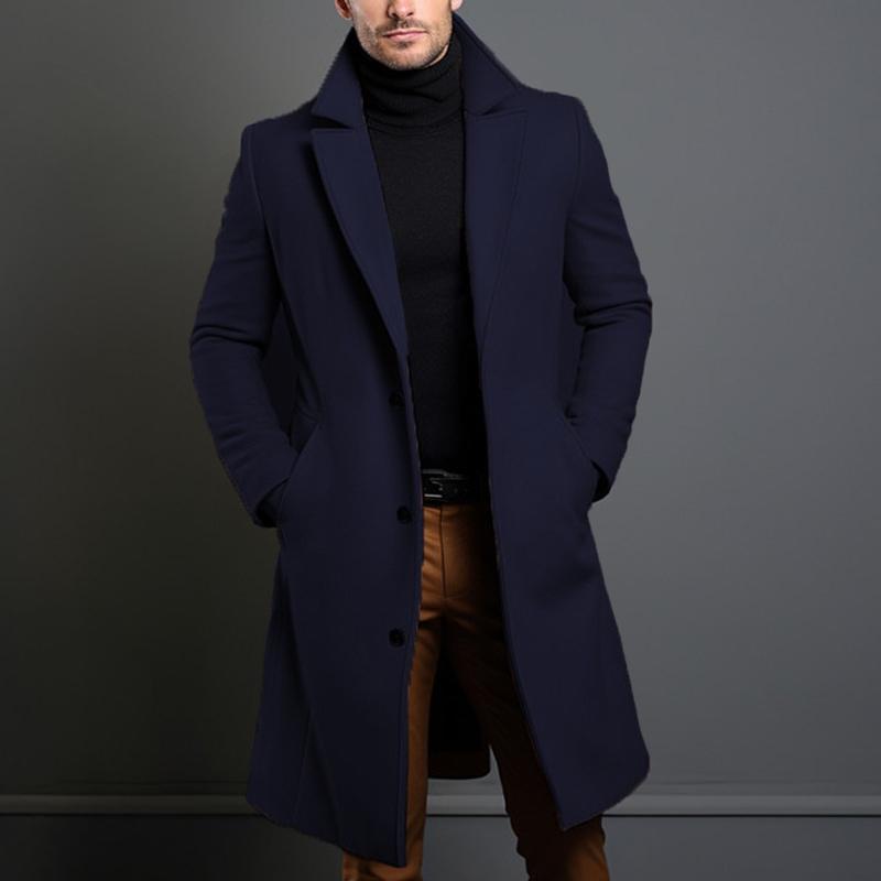 Men's Single-Breasted Coat Mid-Length Notch Lapel Solid Color