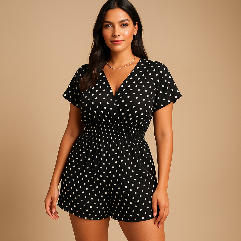 Woman wearing a polkadot summer jumpsuit with practical pockets and a flattering breathable design, ideal for warm casual days.
