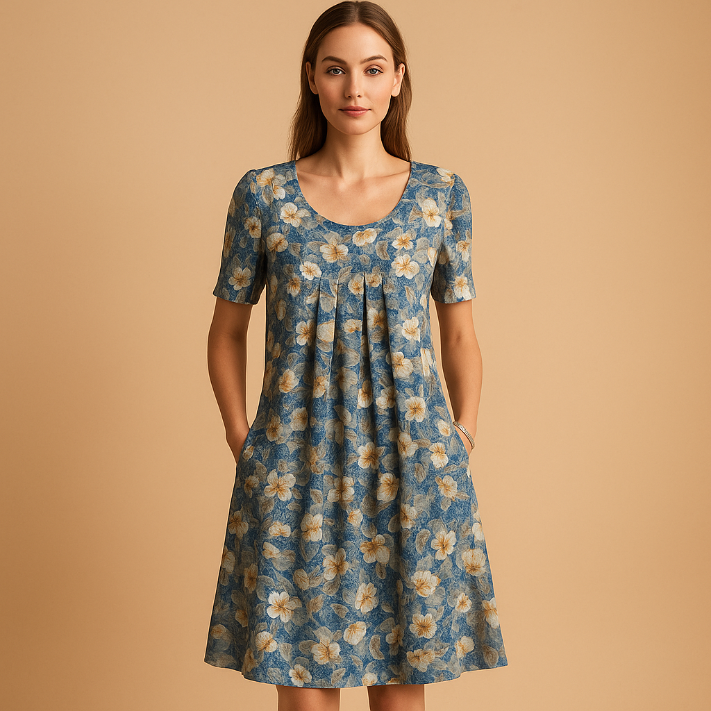 Printed cotton midi dress for women with playful summer patterns and comfortable fit, ideal for vacations, casual outings, and warm sunny days.