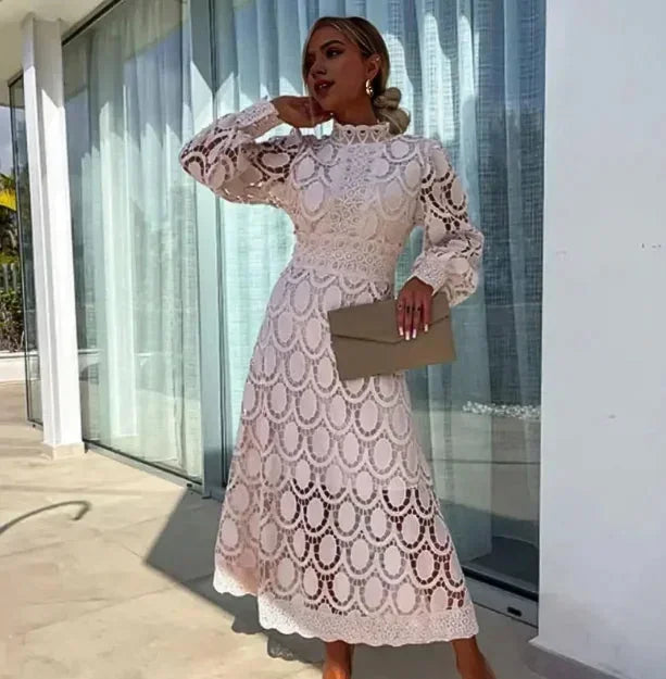 Women's Lace Midi Dress Long-Sleeve