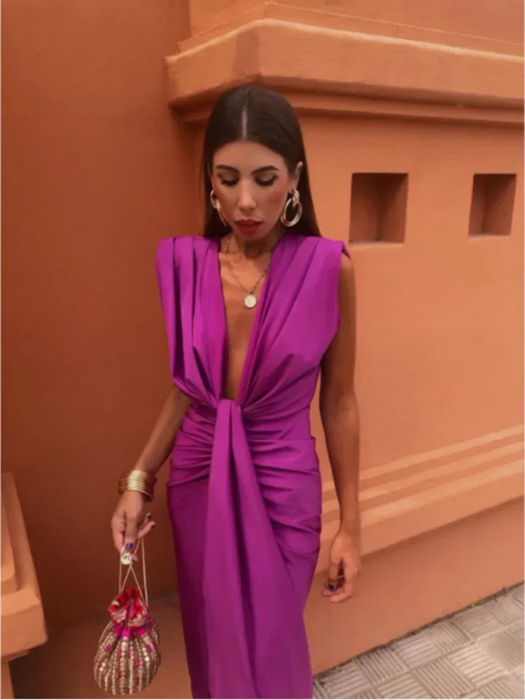 Women's V-Neck Maxi Dress Pleated