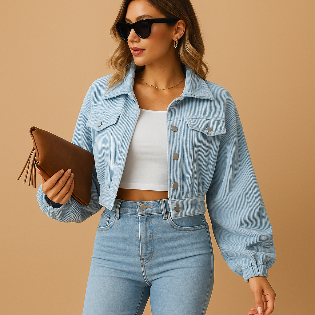 Short corduroy jacket for women with ribbed texture, silver buttons, chest pockets, and a modern silhouette, perfect for layering in any season.