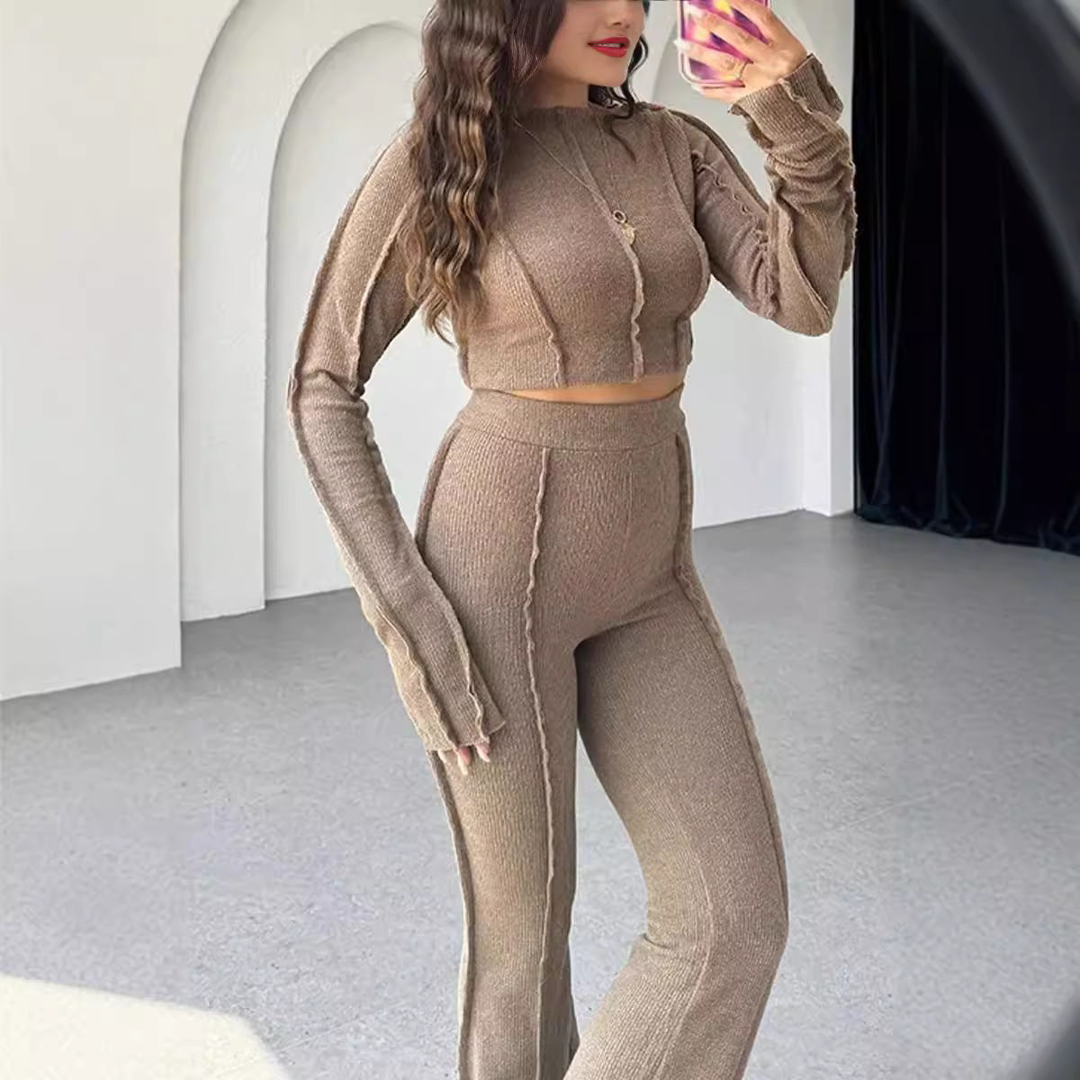 Women's Two Piece Long Sleeve Crop Set