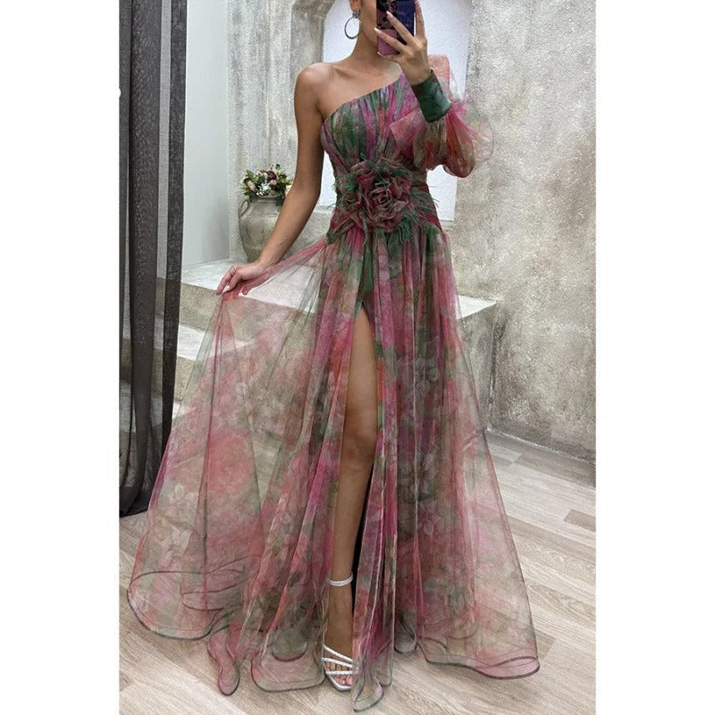 Elegant Women's Maxi Dress Sheer Floral Print