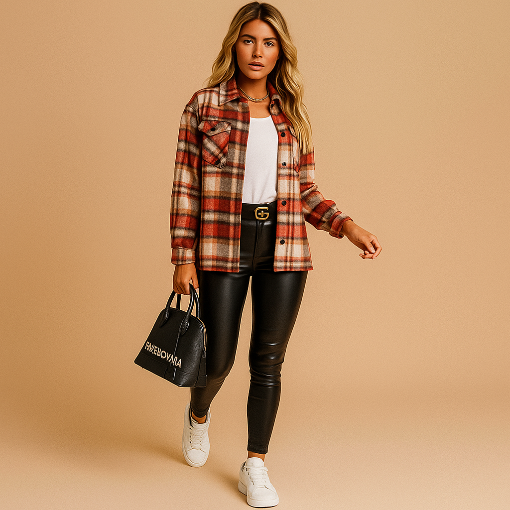 Women’s warm plaid jacket with soft insulated lining and relaxed fit, ideal for autumn outings and everyday use.