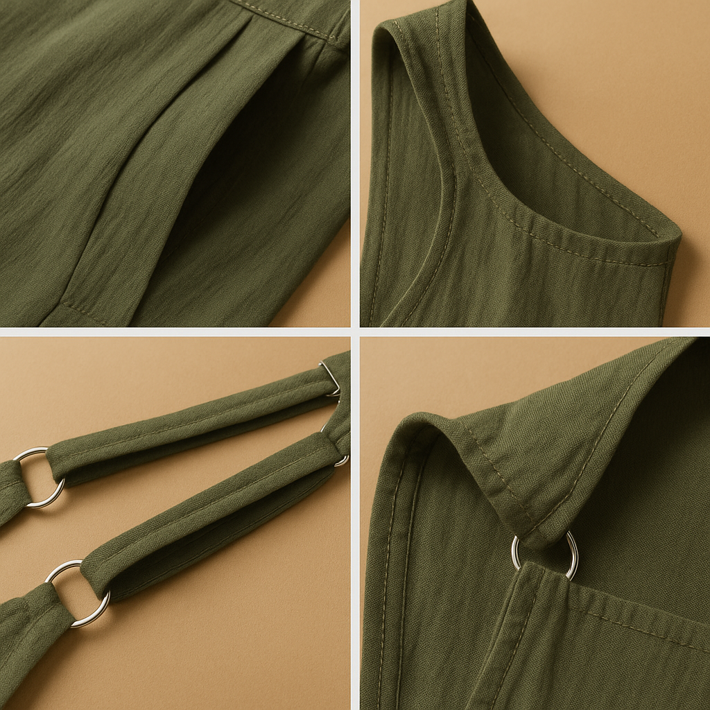 Woman wearing a loose wide-leg cotton-linen jumpsuit in a summer setting, perfect for warm days, casual outings, and relaxed moments.