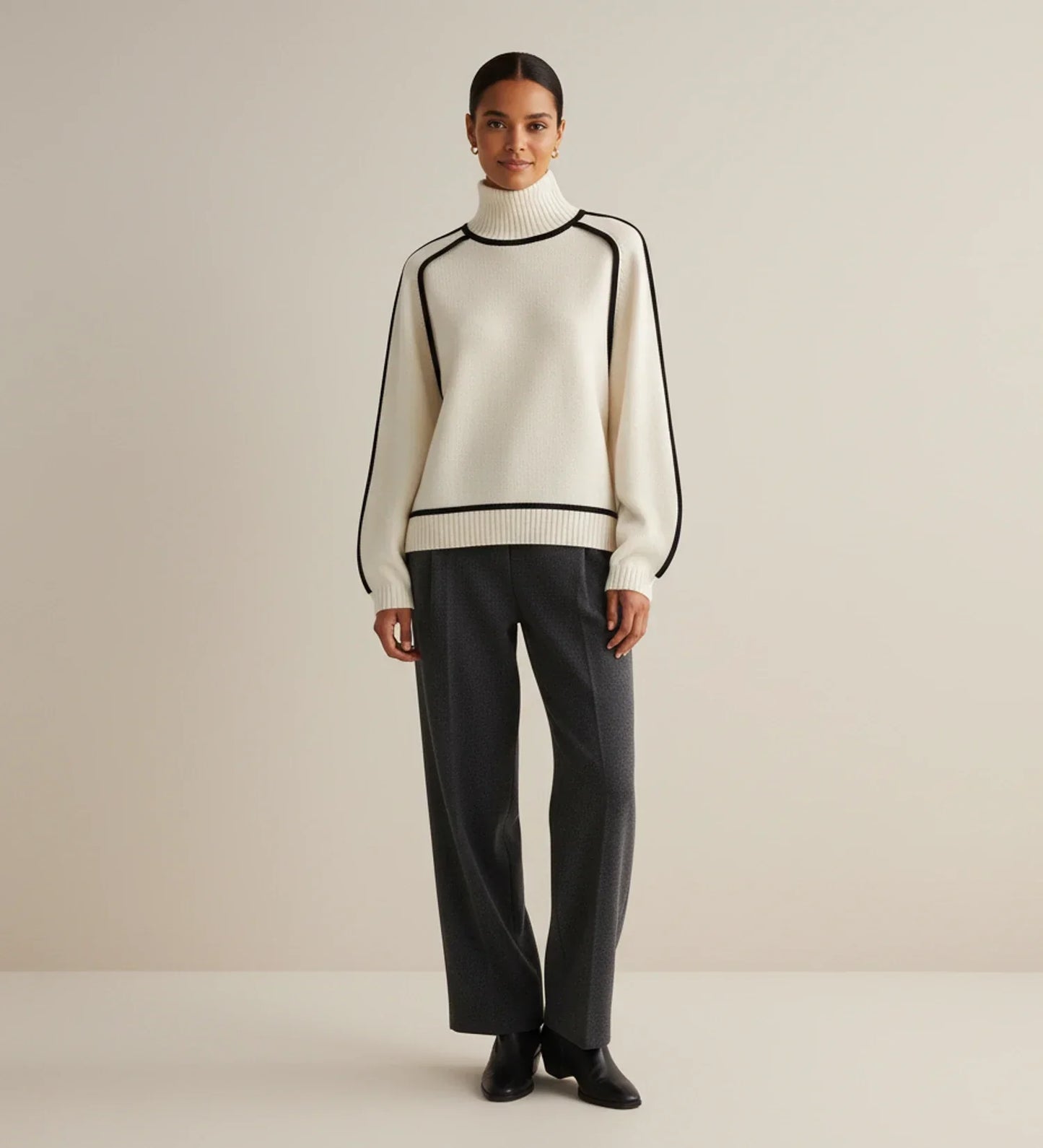 Soft Pastel Women's Turtleneck Jumper with Color Trim