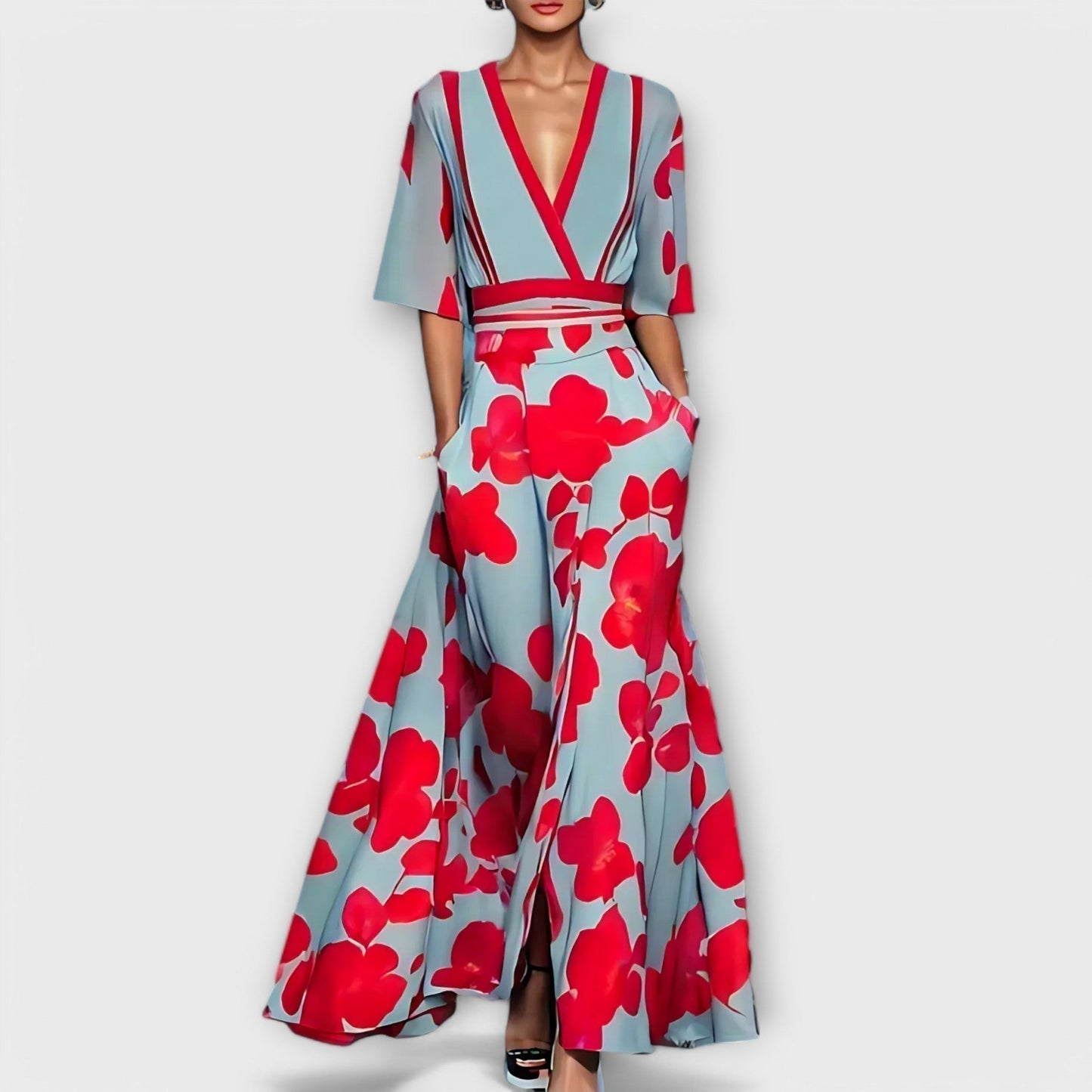 Women's Maxi Dress Floral Woven V Neck Sash Waist - VibreMode
