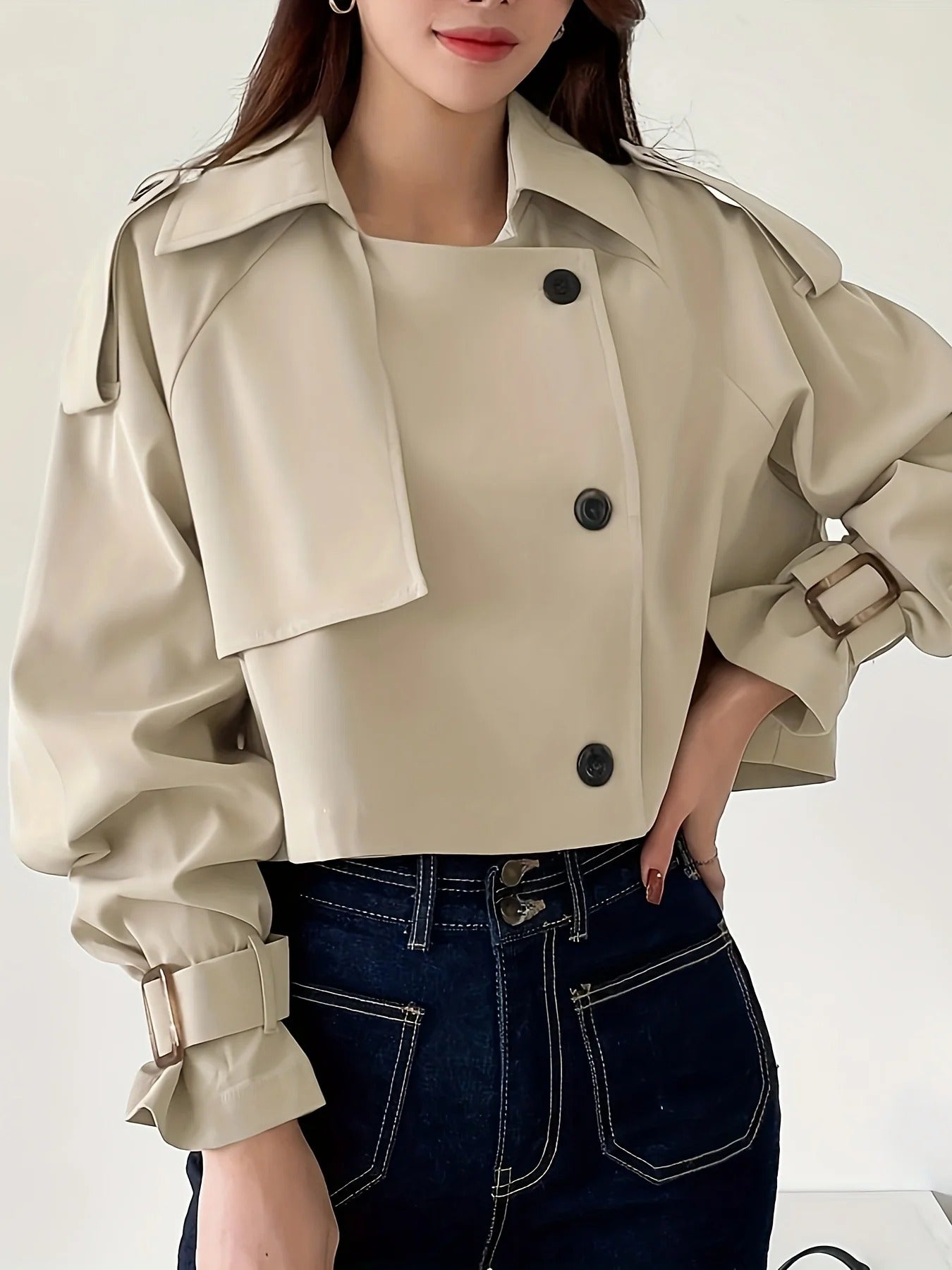 Women's Short Trench Coat Casual Water-Resistant Beige - VibreMode