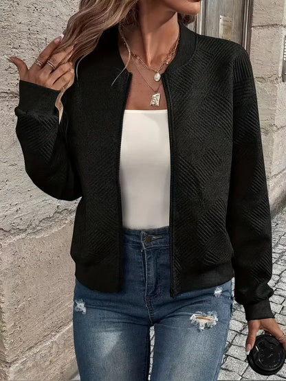 Women's Zip-Up Cardigan Ribbed Hem Long Sleeves