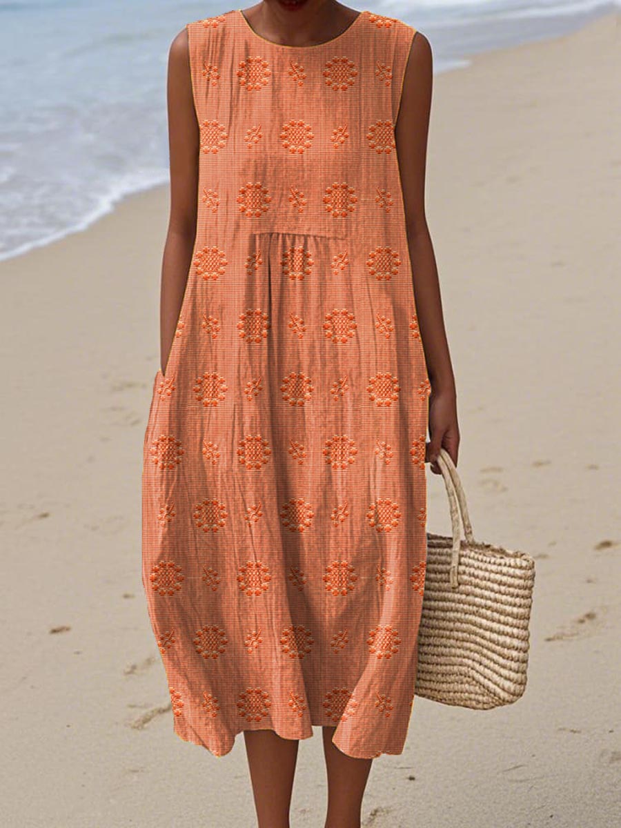 Women's Sleeveless Midi Dress Cotton Embroidered Round Neck Beige